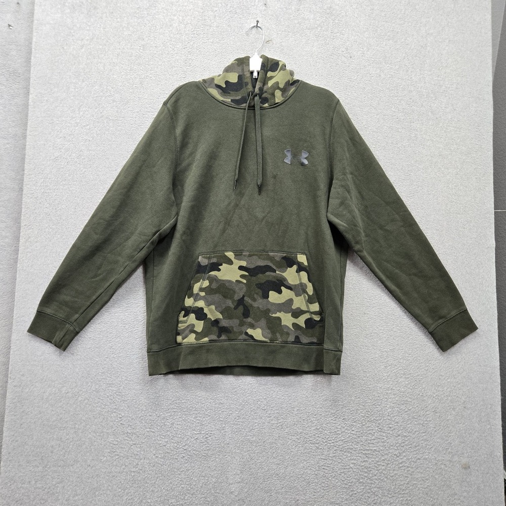 Under Armour Men Hoodie L Green Camouflage Fleece Activewear Logo Loose Pullover